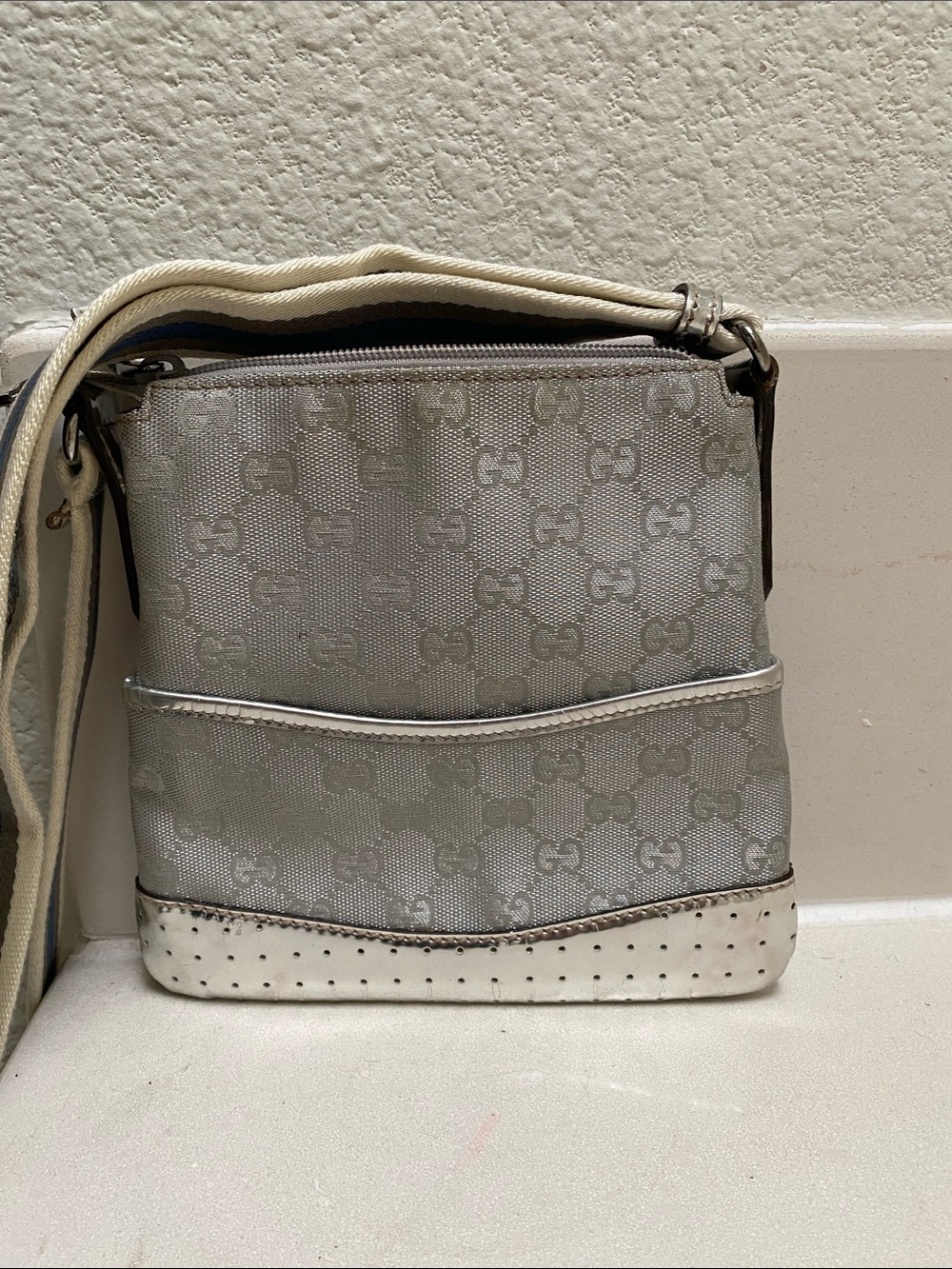 Gucci Silver Monogram Crossbody with Striped Web Strap - Picture 2 of 11